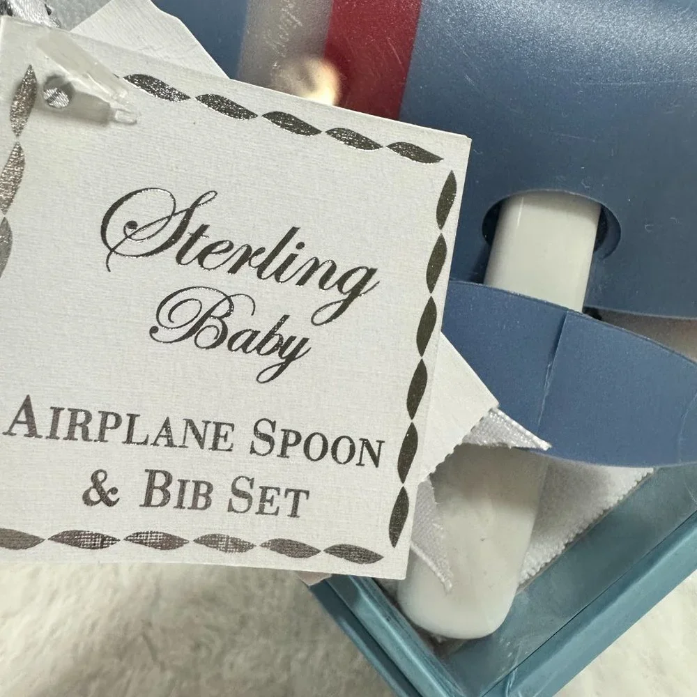 NWT Sterling Baby Airplane Spoon & Bib Set by Vitamins 2 piece set